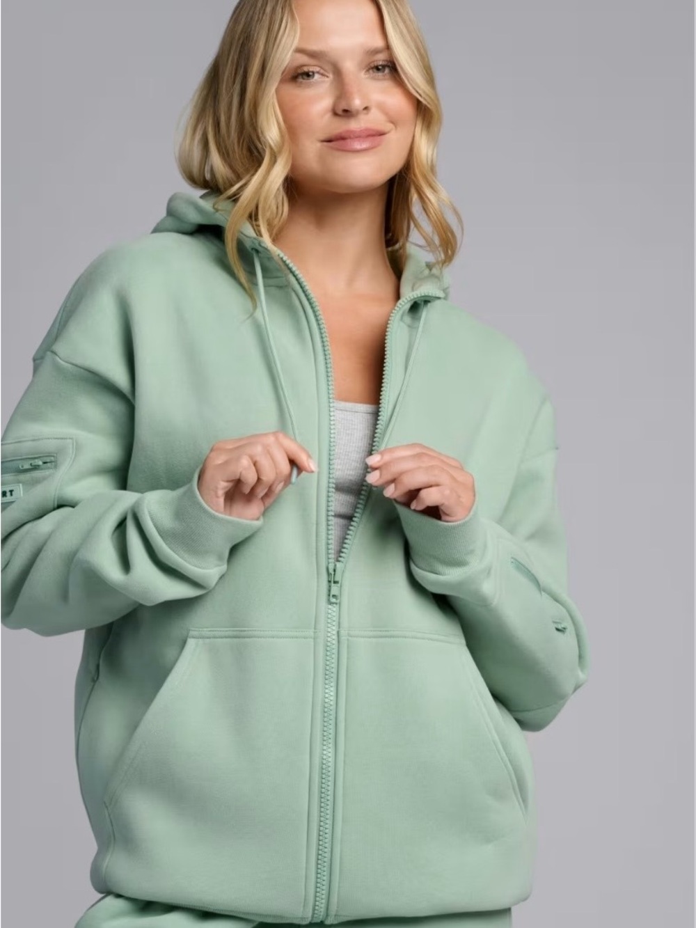 Relaxed Mint Green Zip-Up Hoodie with Hood